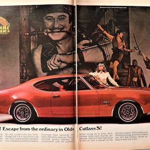 1969 Oldsmobile Cutlass car advertisement.  Vintage 1969 Olds Cutlass car ad.  20&quot;W x 14&quot;H