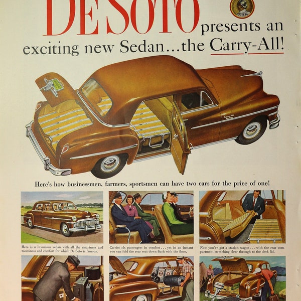 1949 DeSoto car advertisment.  Vintage 1949 DeSoto Carry All car ad.  10"W x 14"H