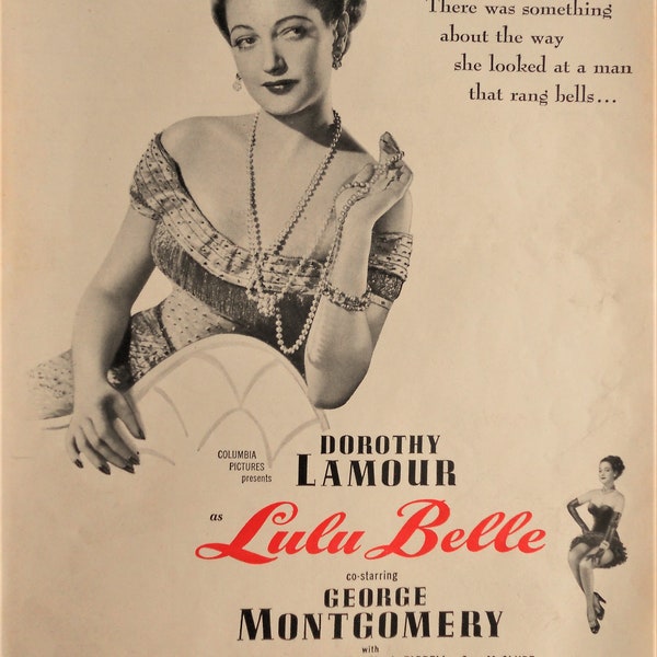 1948 Lulu Belle movie advertisement.  Dorothy Lamour, George Montgomery film stars poster.  Vintage Dorothy Lamour memorabilia.