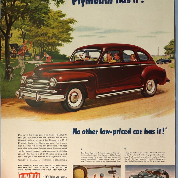 1947 Plymouth car advertisement.  Vintage 1947 Plymouth 4 door sedan car ad.  10"W x 14"H