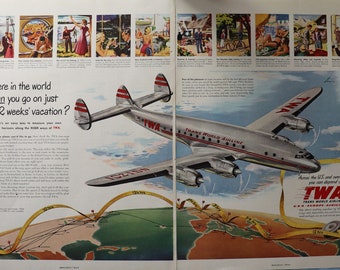1950 TWA airline advertisement.  Vintage 1950 TWA airline travel ad.  20"W x 14"H