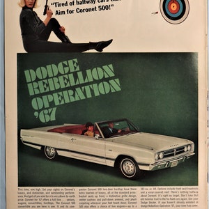 1967 Dodge Coronet car advertisement.  Vintage 1967 Dodge Coronet 500 convertible ad.  10&quot;W x 14&quot;H