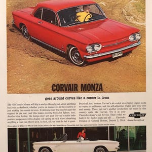 1963 Chevrolet Corvair car advertisement.  Vintage 1963 Corvair Monza Club Coupe and Monza convertible ad.  10&quot;W x 14&quot;H