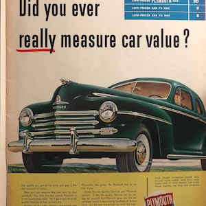 1947 Plymouth car advertisement.  Vintage 1947 Plymouth 2 door coupe car ad.  10&quot;W x 14&quot;H