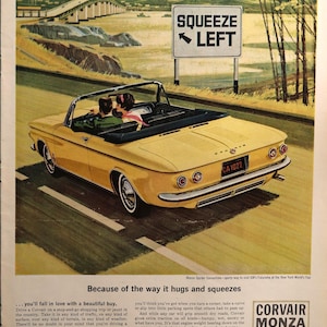 1964 Corvair Monza Spyder car advertisement.  Vintage 1964 Corvair Monza Spyder convertible car ad.  10&quot;W x 14&quot;H
