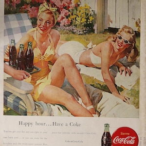 1947 Coca Cola advertisement.  Vintage 1947 Coca Cola with sunbathing beauties ad.  10&quot;W x 14&quot;H.