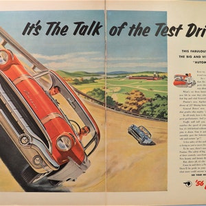 1956 Pontiac car advertisement.  Vintage 1956 Pontiac Strato Streak sedan car ad.  20&quot;W x 14&quot;H