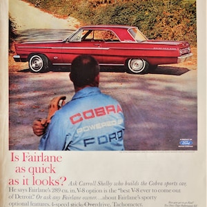 1965 Ford Fairlane 500 car advertisement.  Vintage 1965 Ford Fairlane 500 sports coupe ad.  1965 Ford Fairlane V8 coupe ad.  10"W x 14"H.
