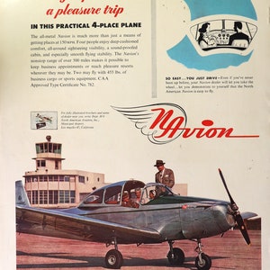 1947 Navion airplane advertisement.  Vintage 1947 North American Aviation Navion airplane ad.  10&quot;W x 14&quot;H
