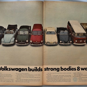 May include: A vintage magazine advertisement featuring eight Volkswagen vehicles in a row, including various car and van models. The bold black text at the bottom reads, Volkswagen builds strong bodies 8 ways, followed by several paragraphs of descriptive copy.