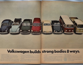 1968 Volkswagen car advertisement.  Vintage 1968 VW models ad.  VW Bug, Karmann Ghia, VW Bus, Comby ad.  20"W x 14"H