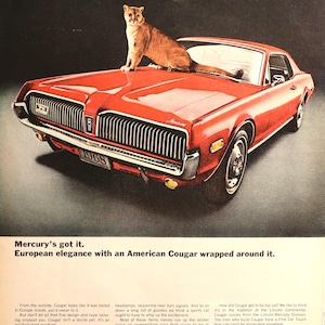 1968 Mercury Cougar car advertisement.  Vintage 1968 Cougar car ad.  10&quot;W x 14&quot;H