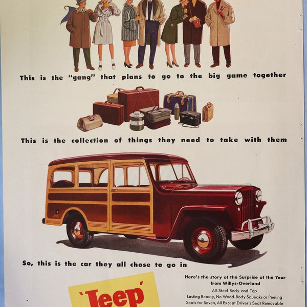 1946 Jeep Station Wagon car advertisement.  Vintage 1946 Jeep Woody Station Wagon ad.  10"W x 14"H