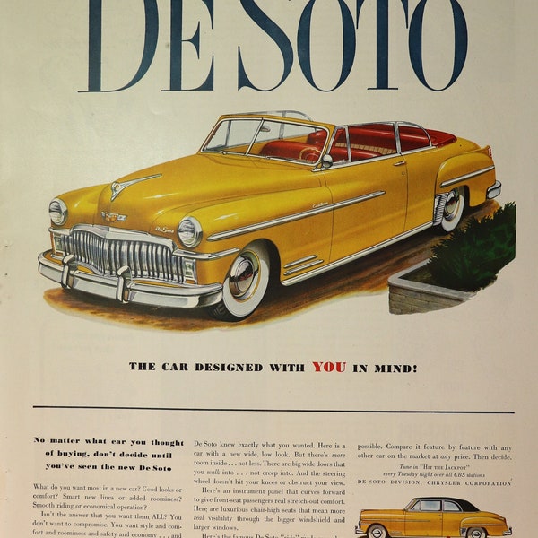 1949 DeSoto car advertisment.  Vintage 1949 DeSoto convertible car ad.  10"W x 14"H