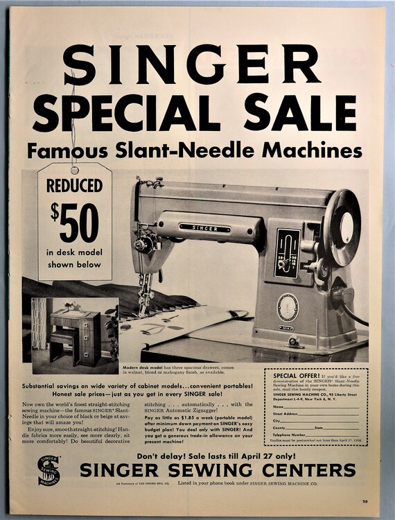 1958 Singer Sewing Machine Advertisement. Vintage 1958 Singer Slant Needle Sewing  Machine Ad. 10w X 14h - Etsy