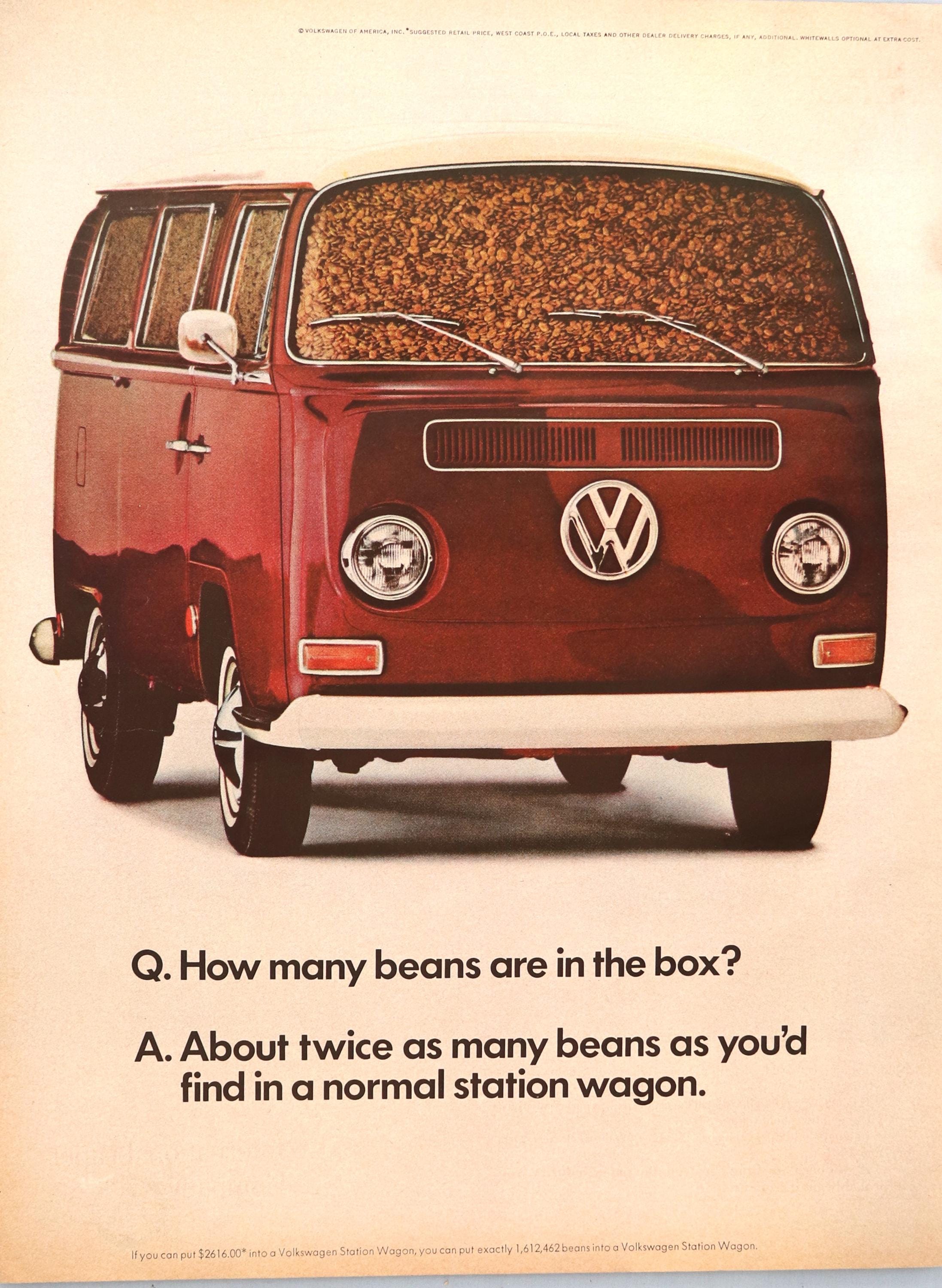 1968 VW Van advertisement.  Vintage 1968 Volkswagen station wagon filled with beans ad.  10"W x 14"H