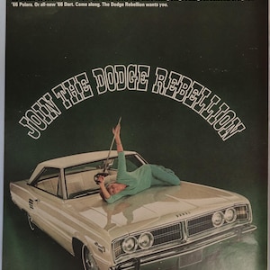 1966 Dodge Coronet car advertisement.  Vintage 1966 Dodge Coronet &quot;Join the Dodge Rebellion&quot; car ad.  10&quot;W x 14&quot;H