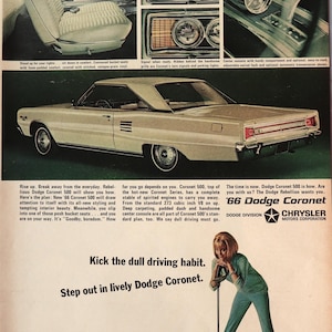 1966 Dodge Coronet car advertisement.  Vintage 1966 Dodge Coronet 500 car ad.  10&quot;W x 14&quot;H