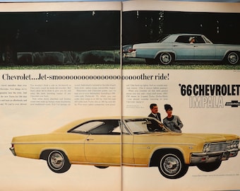 1966 Chevrolet Impala car advertisement.  Vintage 1966 Chevy Impala Sports Coupe ad.  20"W x 14"H.