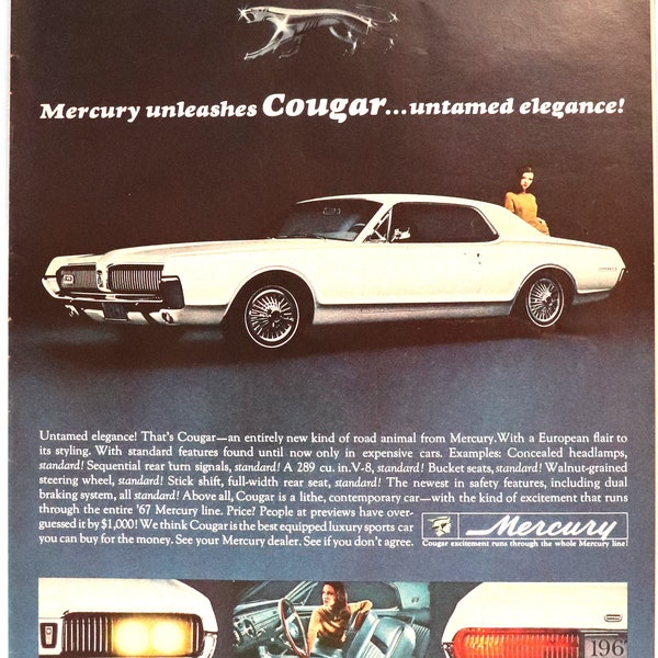 1967 Mercury Cougar car advertisement.  Vintage 1967 Cougar car ad.  10"W x 14"H.