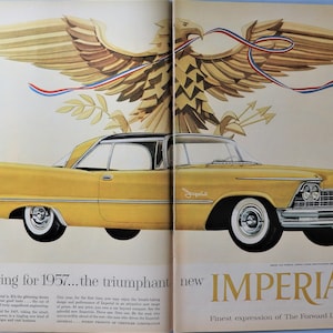 1957 Chrysler Imperial car advertisement.  Vintage 1957 Chrysler Imperial car ad.  20&quot;W x 14&quot;H.