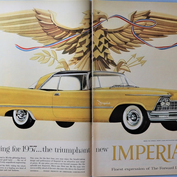 1957 Chrysler Imperial car advertisement.  Vintage 1957 Chrysler Imperial car ad.  20"W x 14"H.