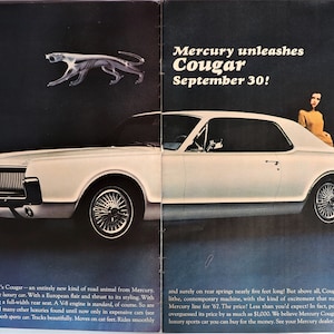 1967 Mercury Cougar car advertisement.  Vintage 1967 Mercury Cougar car ad.  1967 Cougar introductory ad.  30&quot;W x 14&quot;H