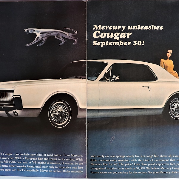 1967 Mercury Cougar car advertisement.  Vintage 1967 Mercury Cougar car ad.  1967 Cougar introductory ad.  30"W x 14"H