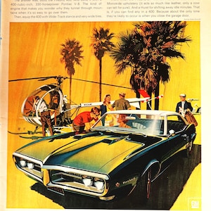 1968 Pontiac Firebird car advertisement.  Vintage 1968 Firebird 400 car ad.  10&quot;W x 14&quot;H