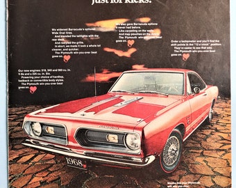 1968 Plymouth Barracuda car advertisement.  Vintage 1968 Plymouth Barracuda ad.  10"W x 14"H