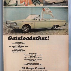 1965 Dodge Coronet car advertisement.  Vintage 1965 Dodge Coronet convertible ad.  10&quot;W x 14&quot;H