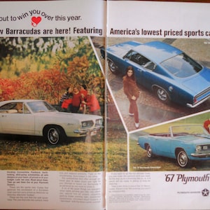 1967 Plymouth Barracuda ad.  1967 Plymouth Barracuda.  Vintage 1967 Plymouth Barracuda ad.  20&quot; X 14&quot;.  Full color.