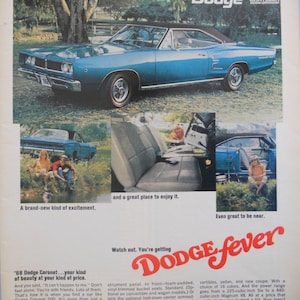 1968 Dodge Coronet car advertisement.  Vintage 1968 Dodge Coronet 2 door coupe ad.  Dodge Fever ad.