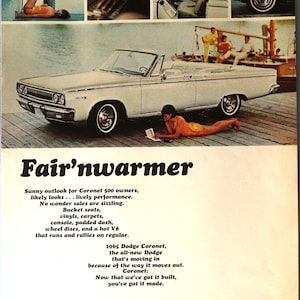 1965 Dodge Coronet car advertisement.  Vintage 1965 Dodge Coronet convertible ad.  10&quot;W x 14&quot;H