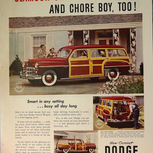 1949 Dodge Station Wagon car advertisement.  Vintage 1949 Dodge Coronet Woody Station Wagon ad.  10"W x 14"W
