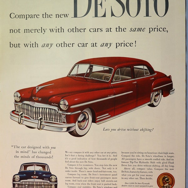 1949 DeSoto car advertisment.  Vintage 1949 DeSoto Custom Sedan car ad.  10"W x 14"H