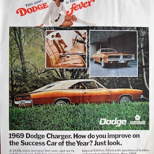 1969 Dodge  Charger car advertisement.  Vintage  1969 Dodge Charger sports car ad.