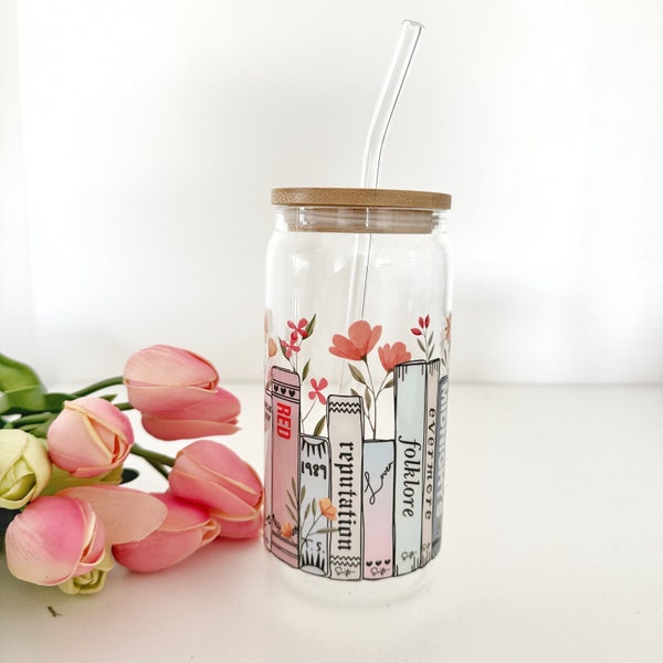 Eras tour Tswift Coffee Can Glass, Swiftie 16oz Beer Can Glass with Bamboo Lid and Glass Straw,Music Album Mug, Swiftea Cup ,Tswift Fan Gift
