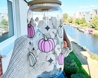 Pumpkin Iced Coffee Can Glass Tumbler with Lid and Straw, Autumn Gift