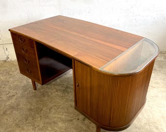 Danish Mid Century Modern Tambour Door Desk with Side Bar