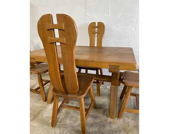 De Puydt Oak Brutalist Dining Chairs and Table Set Mid Century