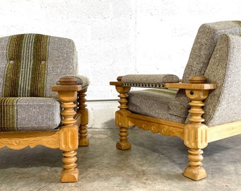 Pair of Danish Modern Brutalist Lounge Rustic Primitive Chairs in Oak Henning Kjærnulf