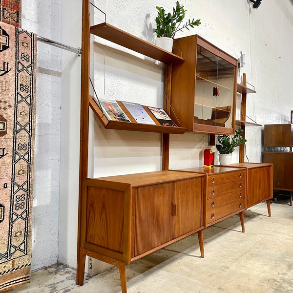 Danish Modern Teak Freestanding Wall Unit or Bookshelf with Tambour Foors