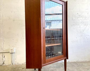 Danish Modern Teak Corner Glass Curio Cabinet or Bar