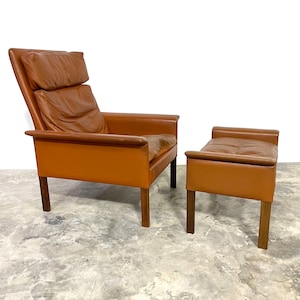 Hans Olsen Danish Modern Leather Rosewood Chair and Ottoman