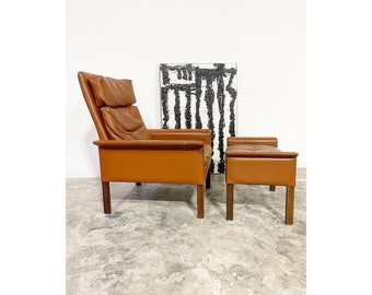 Hans Olsen Danish Modern Leather Rosewood Chair and Ottoman