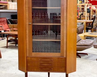 Danish Modern Teak Corner Glass Curio Cabinet or Bar