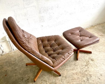 Madsen & Schubell MS68 Leather Danish Swivel Recliner Lounge Chair and Ottoman