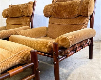 Pair Scandinavian "Inca" Lounge Chair with Ottoman Arne Norell