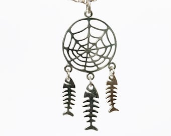 Dreamcatcher Pendant - Spiderweb with Fishbone Charms, Handmade Alternative Jewelry